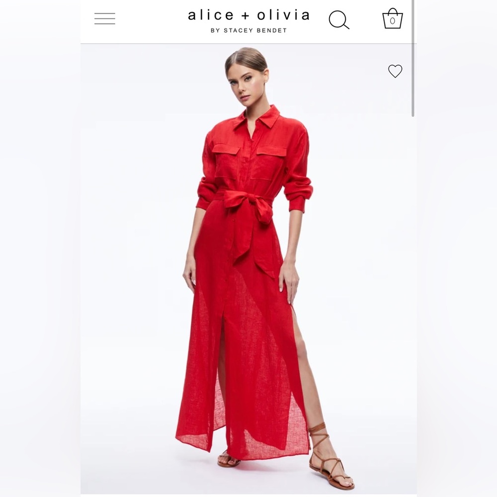 ALICE & OLIVIA KFARA UNEN MAXI SHIRT RED DRESS SIZE SMALL